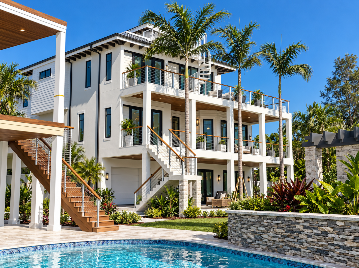 Elevated three-story coastal home on Anna Maria Island with wraparound balconies, cable railings, wood exterior staircase, and pool