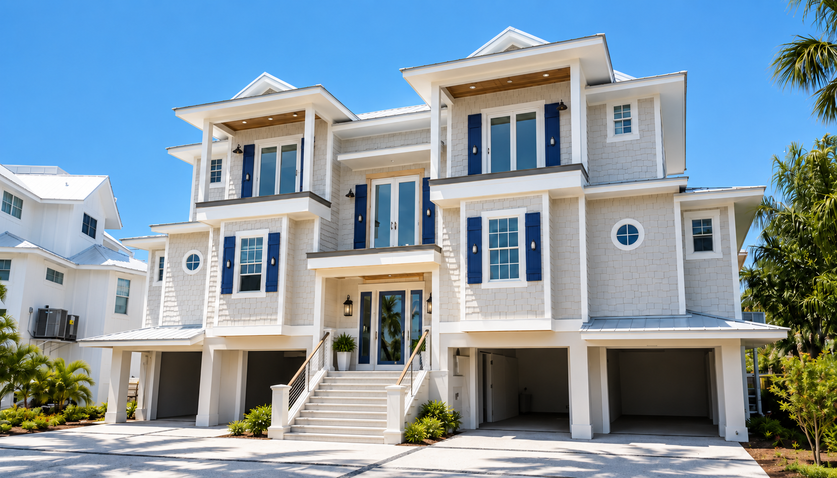 Elevated three-story coastal home in Sarasota, FL with gray shake siding, white trim, and navy shutters