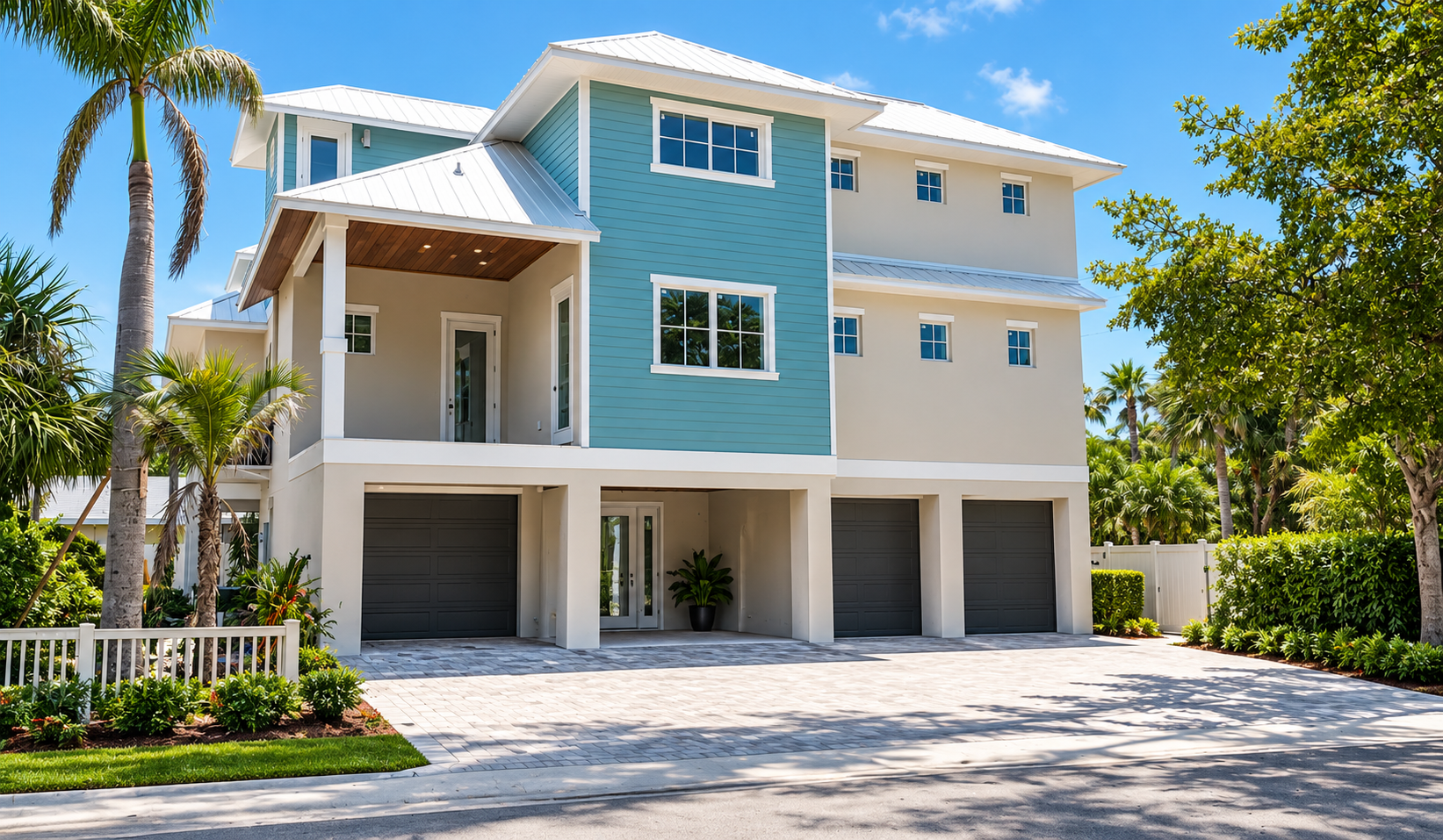 Three-story elevated coastal home in Holmes Beach, FL with teal siding, white trim, metal roof, and paver driveway