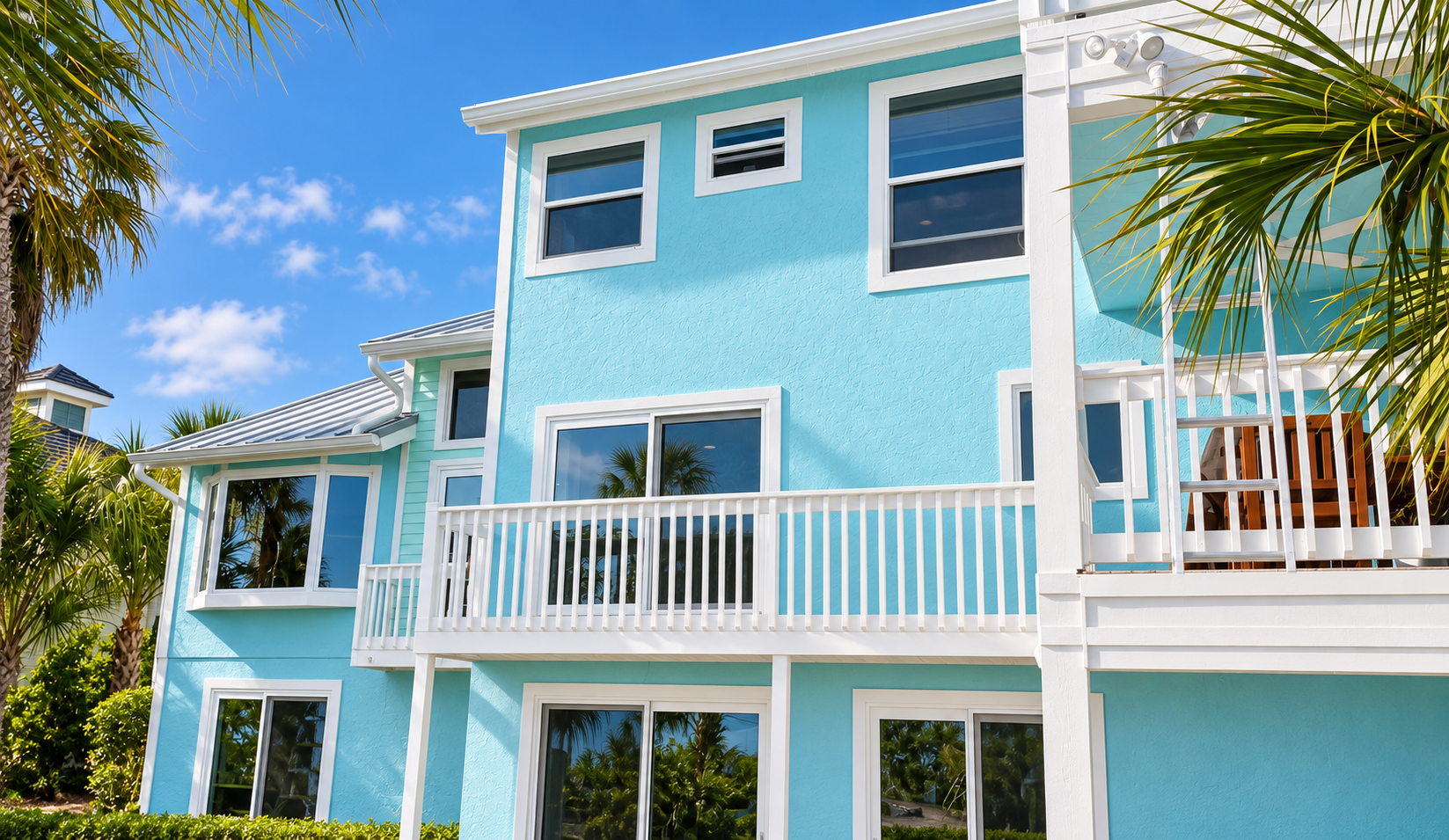 Two-story light blue stucco beach home in Bradenton Beach, FL with white-trimmed windows and white balcony railings